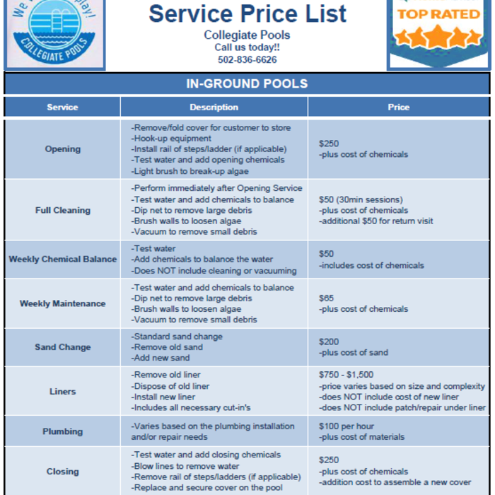 2023 Service Price List: In-Ground Pools