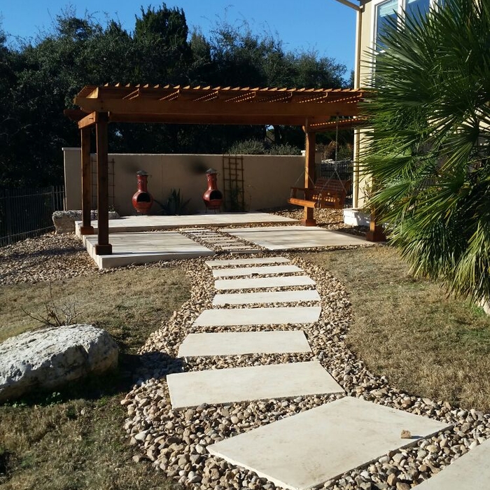 Patio, walkway and pergola
