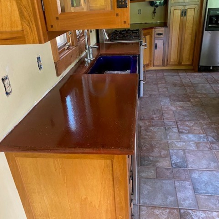 Epoxy concrete countertop, stamped concrete floor