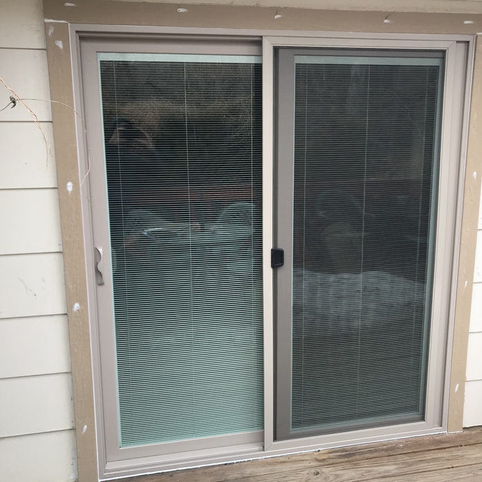 Patio sliding door with blinds between the glass.