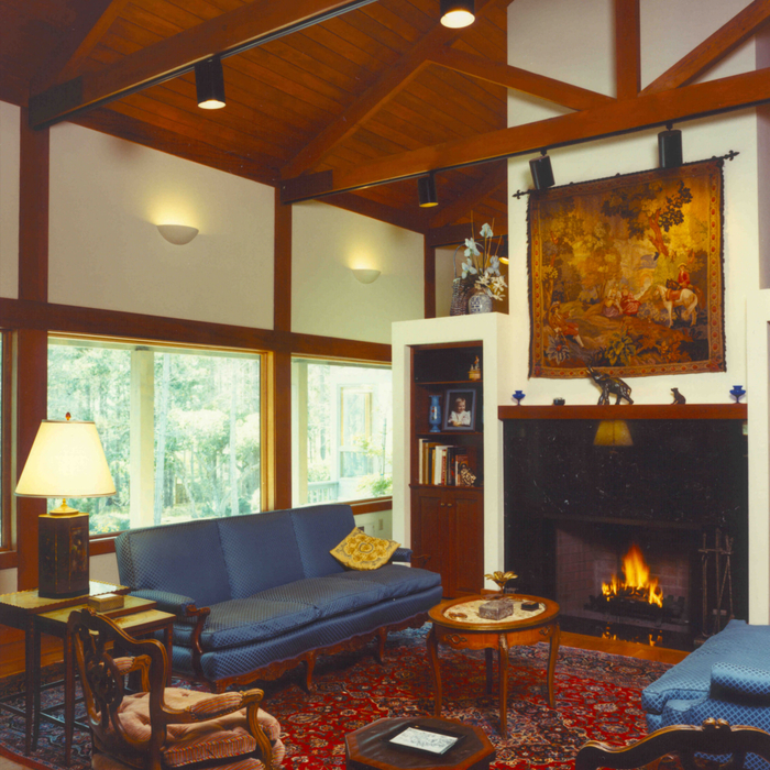 Comfortable Living Room, open-truss ceilings