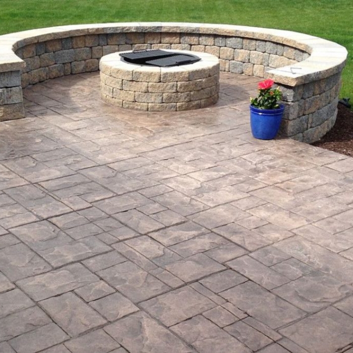 Stamped Patio, Block Seat Wall. &amp; Firepit