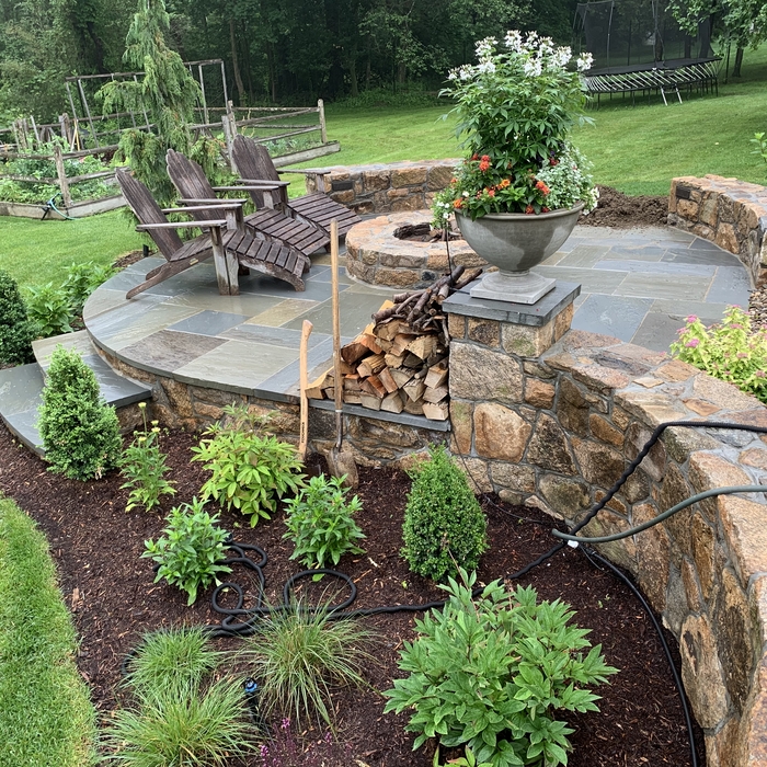 Retaining wall ,bluestone patio and fire pit