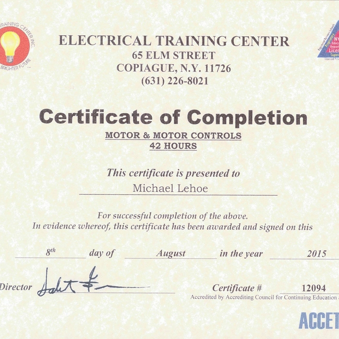 Certificate of Completion - Motor &amp; Motor Cont